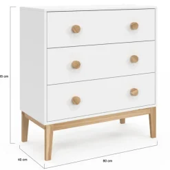 Commode enfant 3 tiroirs blanc et bois façon hêtre look scandinave