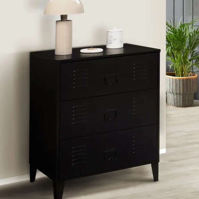 Commode industrielle bois noir 3 tiroirs en métal