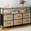 Commode industrielle effet lattes et noir avec 6 tiroirs en tissu et niche
