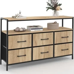 Commode industrielle effet lattes et noir avec 6 tiroirs en tissu et niche