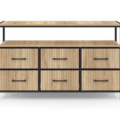Commode industrielle effet lattes et noir avec 6 tiroirs en tissu et niche