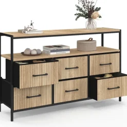 Commode industrielle effet lattes et noir avec 6 tiroirs en tissu et niche