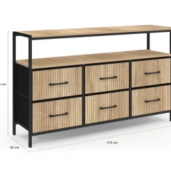 Commode industrielle effet lattes et noir avec 6 tiroirs en tissu et niche