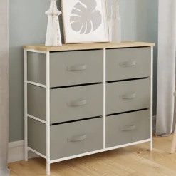 Commode industrielle gris clair et plateau effet bois