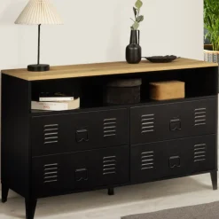 Commode industrielle portes en métal noir avec 4 tiroirs