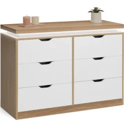 Commode LED blanche et plateau bois 6 tiroirs