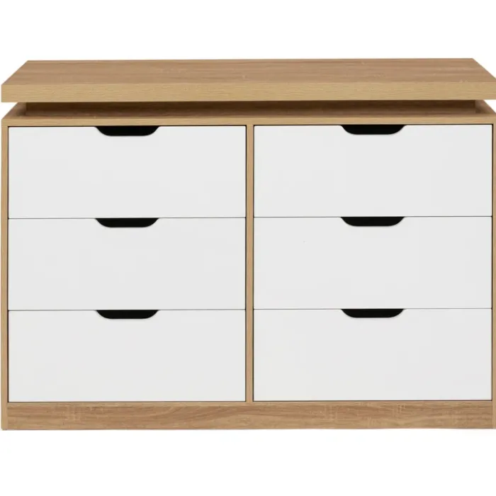 Commode LED blanche et plateau bois 6 tiroirs