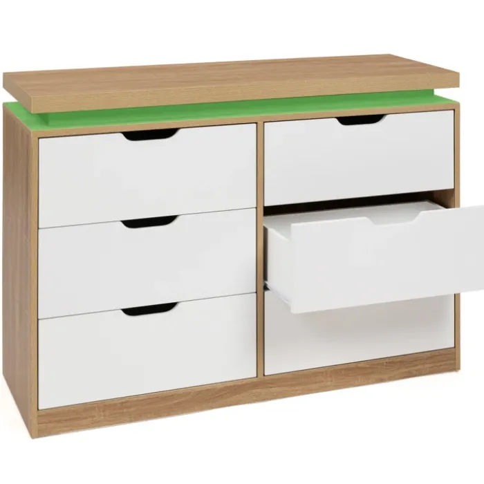 Commode LED blanche et plateau bois 6 tiroirs