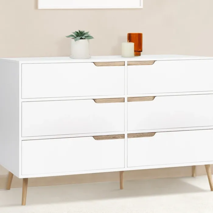 Commode scandinave 6 tiroirs blanche avec pieds en bois