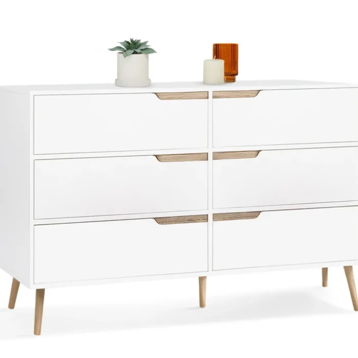 Commode scandinave 6 tiroirs blanche avec pieds en bois