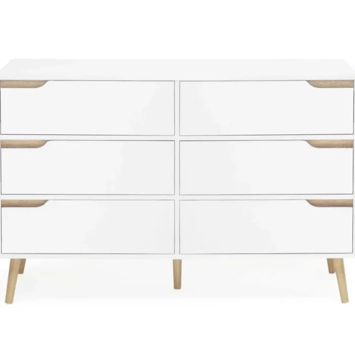 Commode scandinave 6 tiroirs blanche avec pieds en bois