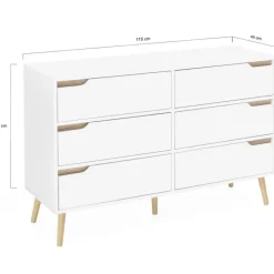 Commode scandinave 6 tiroirs blanche avec pieds en bois