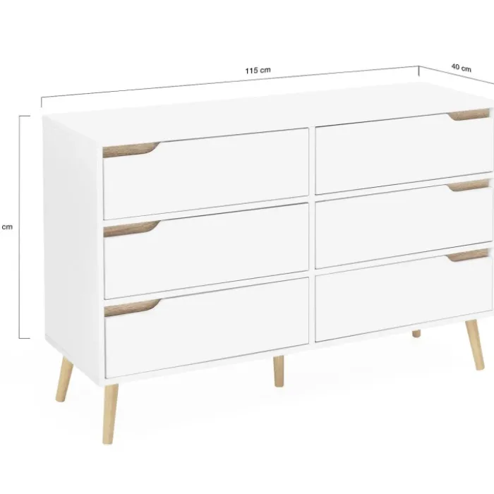 Commode scandinave 6 tiroirs blanche avec pieds en bois