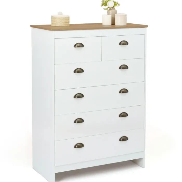 Commode style campagne chic 6 tiroirs blanche et bois