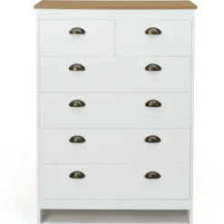 Commode style campagne chic 6 tiroirs blanche et bois