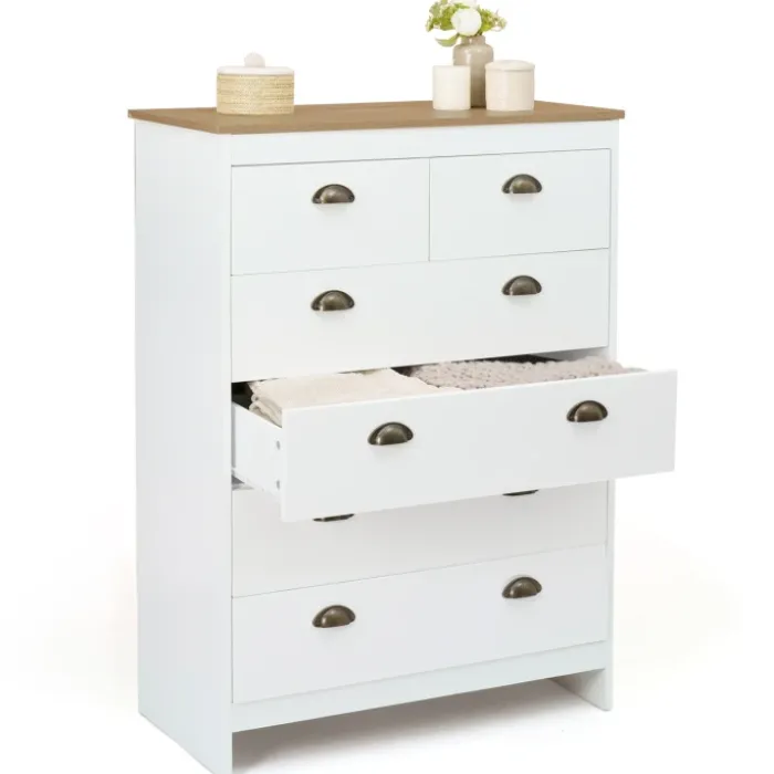 Commode style campagne chic 6 tiroirs blanche et bois