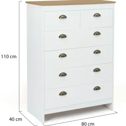 Commode style campagne chic 6 tiroirs blanche et bois