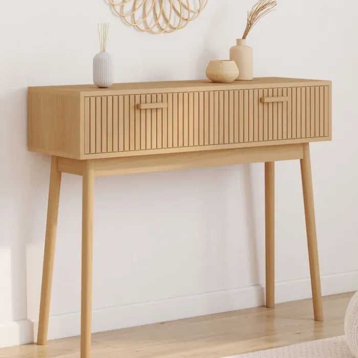 Console 2 tiroirs JULIETTE lattes tasseau bois coloris chêne