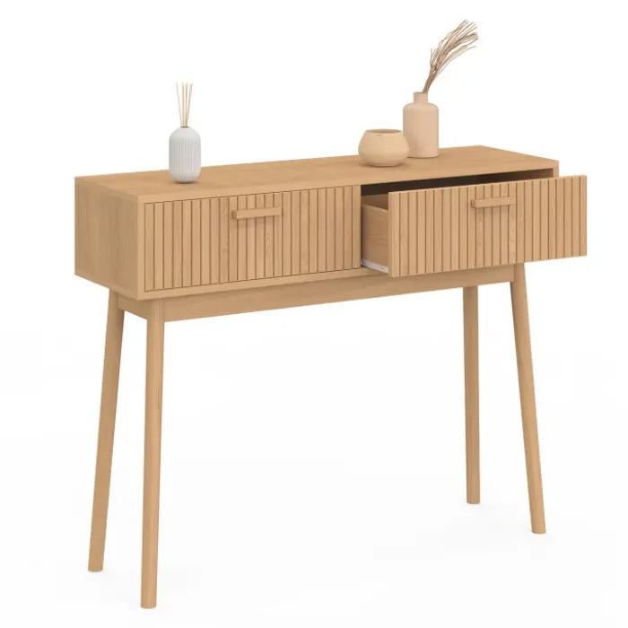 Console 2 tiroirs JULIETTE lattes tasseau bois coloris chêne