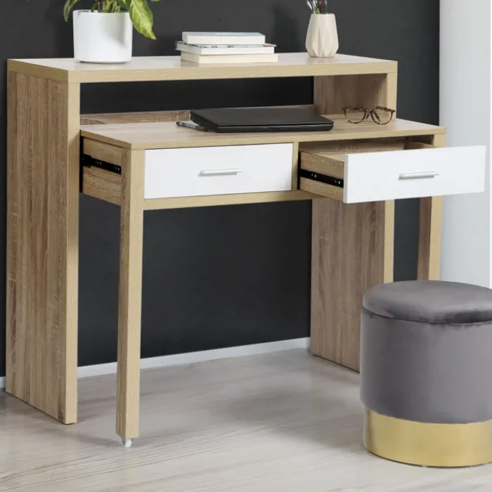 Console bureau extensible blanc et imitation hêtre