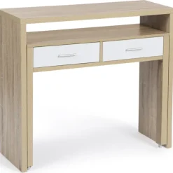 Console bureau extensible blanc et imitation hêtre