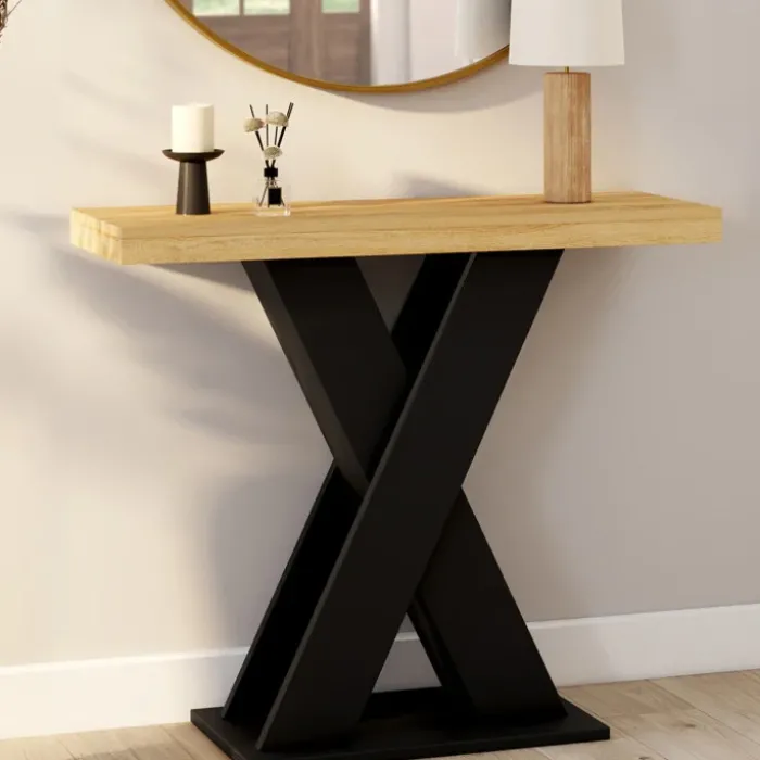 Console plateau bois et pied X noir
