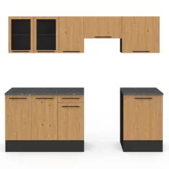 Cuisine complète 240 cm 7 éléments bois avec vitrine et plan de travail noir