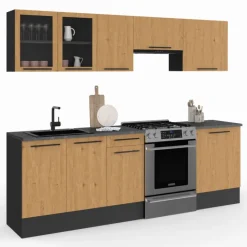 Cuisine complète 240 cm 7 éléments bois avec vitrine et plan de travail noir