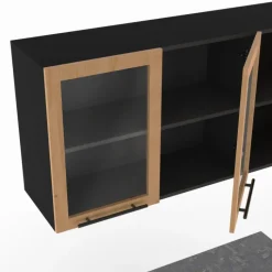 Cuisine complète 240 cm 7 éléments bois avec vitrine et plan de travail noir