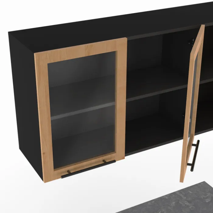 Cuisine complète 240 cm 7 éléments bois avec vitrine et plan de travail noir