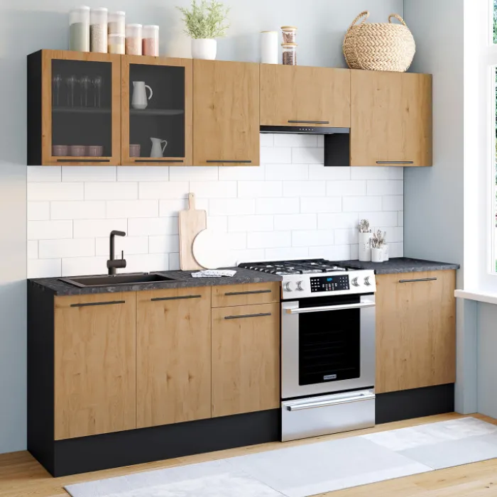 Cuisine complète 240 cm 7 éléments bois avec vitrine et plan de travail noir