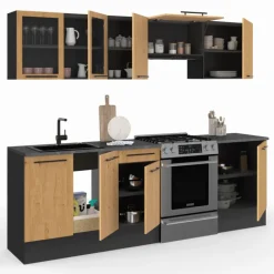 Cuisine complète 240 cm 7 éléments bois avec vitrine et plan de travail noir