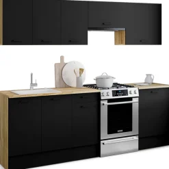 Cuisine complète 240 cm avec plan de travail bois et noir