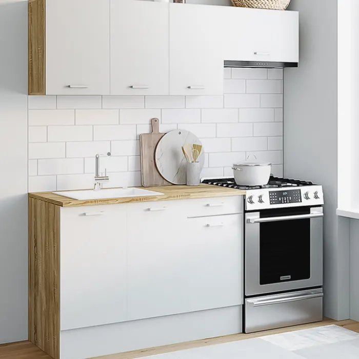 Cuisine complète 180 cm avec plan de travail bois et blanc