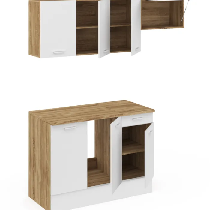 Cuisine complète 180 cm avec plan de travail bois et blanc