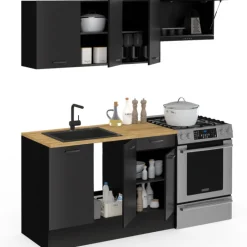 Cuisine complète 180 cm avec plan de travail bois et noir