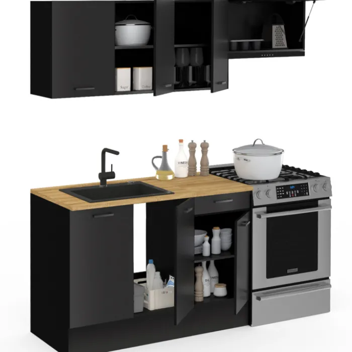 Cuisine complète 180 cm avec plan de travail bois et noir