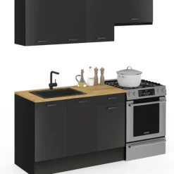 Cuisine complète 180 cm avec plan de travail bois et noir