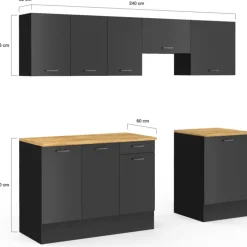 Cuisine complète 240 cm avec plan de travail bois et noir