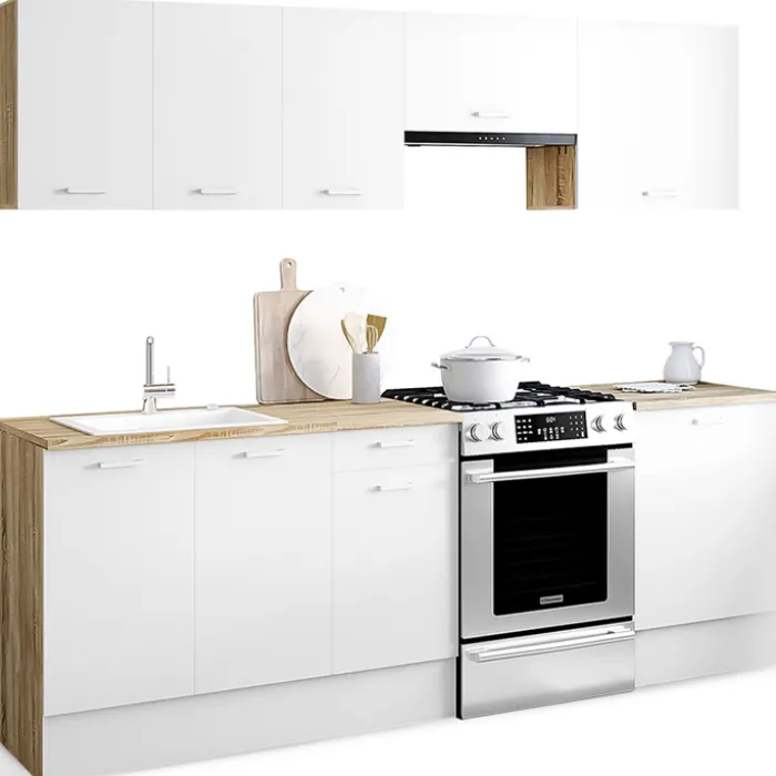 Cuisine complète 240 cm avec plan de travail bois et blanc