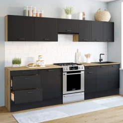 Cuisine complète bois et noir avec casserolier et plan de travail 9 éléments