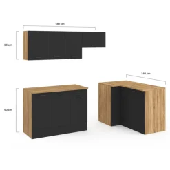Cuisine d'angle complète bois et noir 400 cm 7 éléments