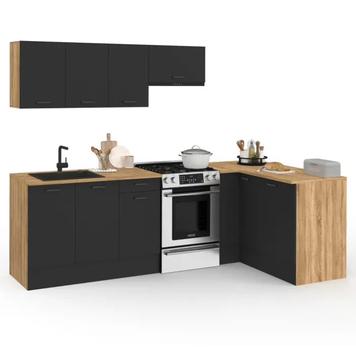 Cuisine d'angle complète bois et noir 400 cm 7 éléments
