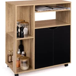 Desserte à roulettes bois façon hêtre et portes noires 76 cm