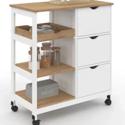 Desserte de cuisine 3 paniers + 1 plateau amovibe blanc et effet hêtre L 76 cm