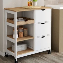 Desserte de cuisine 3 paniers + 1 plateau amovibe blanc et effet hêtre L 76 cm
