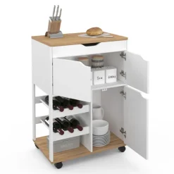 Desserte de cuisine à roulettes avec rangements et range-bouteilles bois blanc