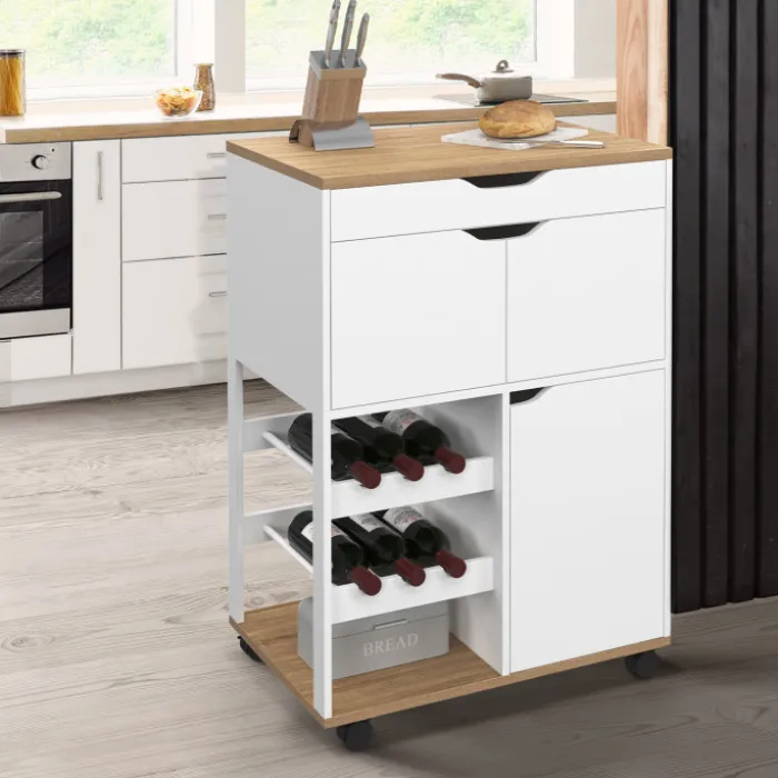 Desserte de cuisine à roulettes avec rangements et range-bouteilles bois blanc