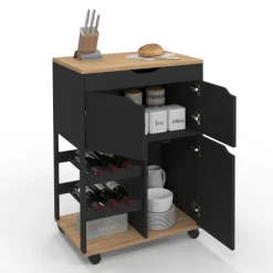 Desserte de cuisine à roulettes avec placards et range-bouteilles bois et noir