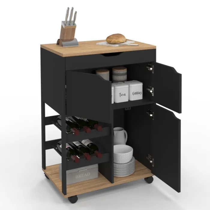 Desserte de cuisine à roulettes avec placards et range-bouteilles bois et noir